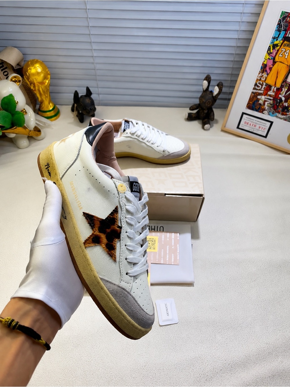 Golden Goose White Leather Sneaker with Leopard Star and Black Heel